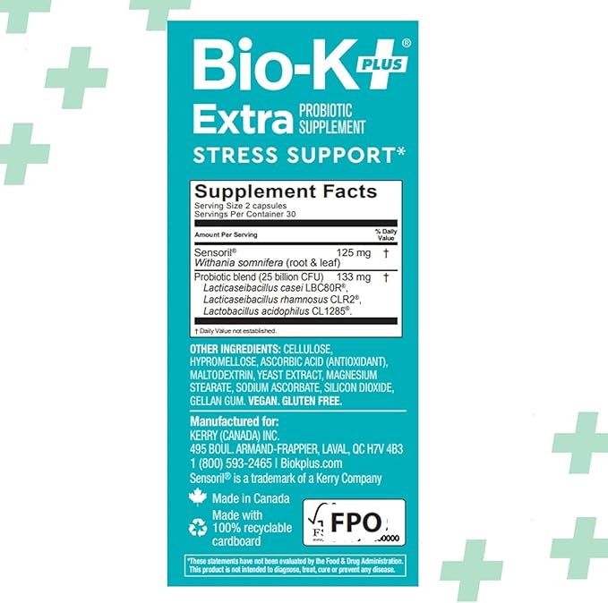 Bio K+ Extra Stress Support with Sensoril - Ashwagandha – Vegan Probiotics Supplement for Everyday Stress, Supports Sleep - 25 Billion CFU 3 Strains – 60 Capsules