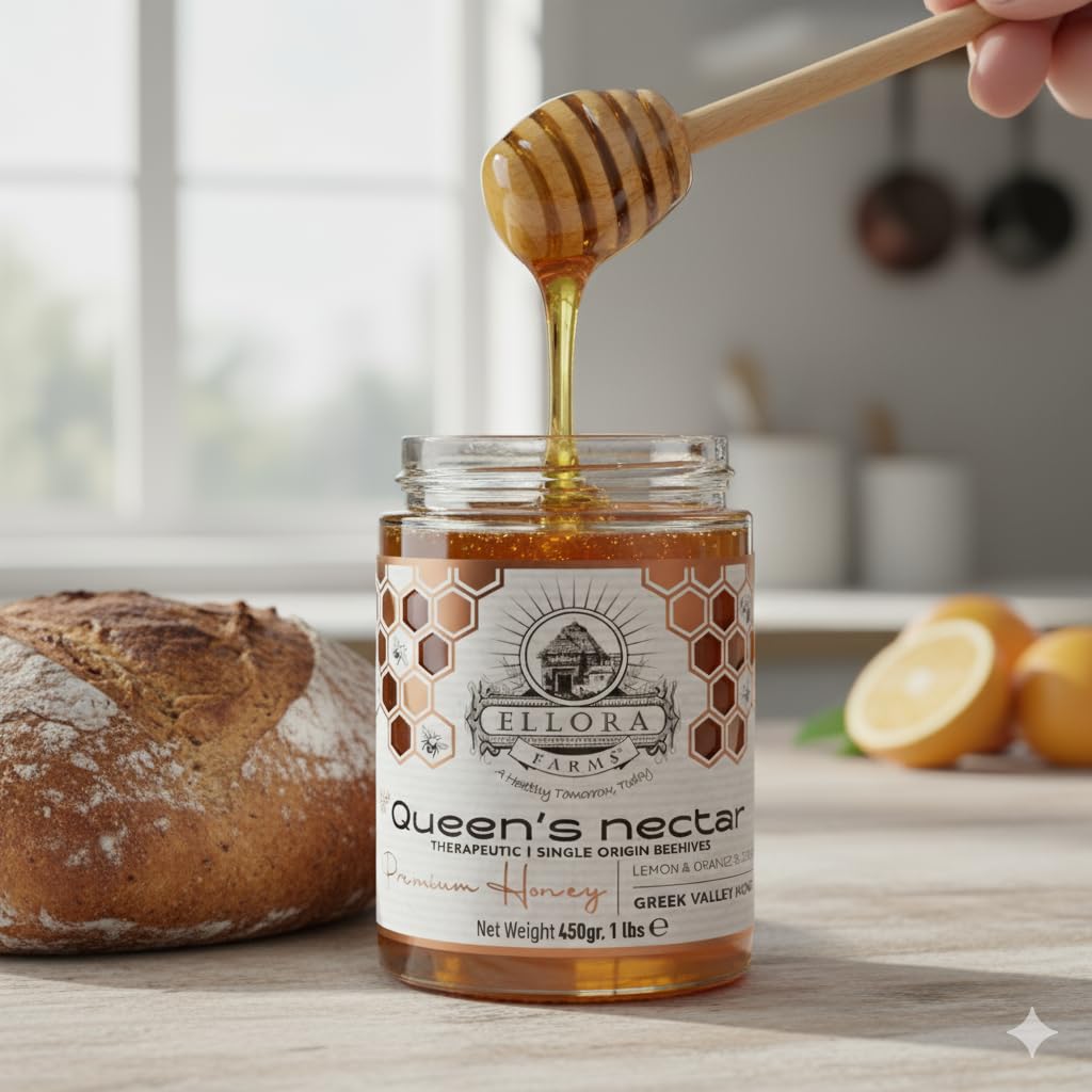 Ellora Farms Greek Honey, Lemon & Orange Blossom Raw Honey Unfiltered, 2025 Paris Platinum Award, Non-GMO and Unpasteurized, Dipper Included - 450g (1lbs)
