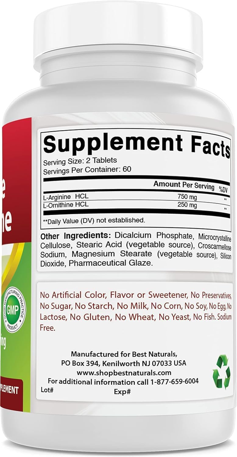 Best Naturals L-Arginine L-Ornithine - 1000mg per Serving - 120 Tablets - Non-GMO & Gluten Free (120 Count (Pack of 3))