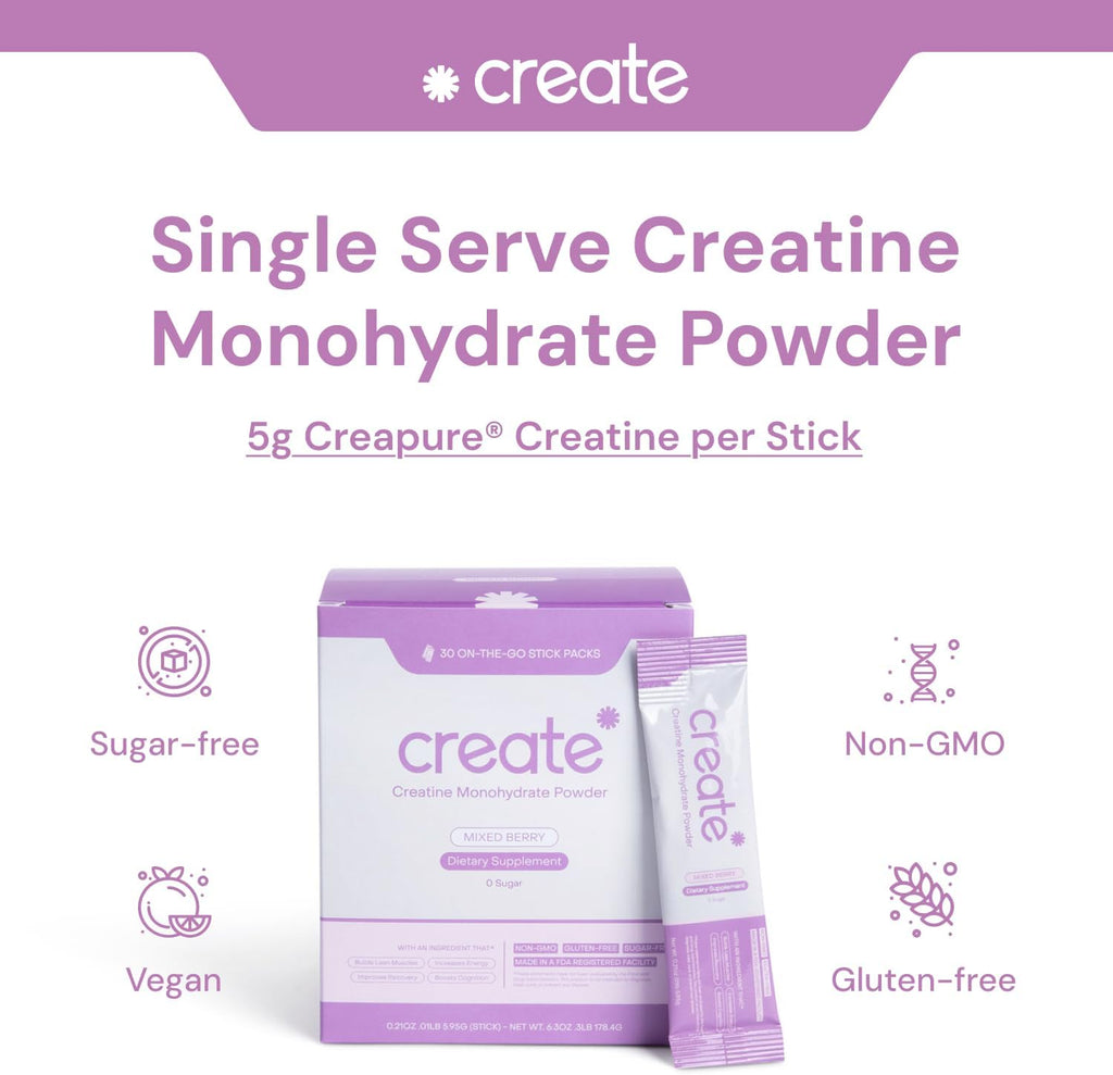 Create Single Serve Creatine Monohydrate Powder – 5g Creapure Creatine | Redefining Strength, Energy & Recovery | Sugar-Free, Vegan, Non-GMO | Mixed Berry | 30 Portable Packets