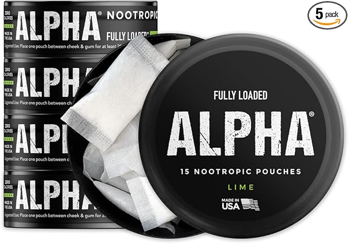 Fully Loaded Alpha Nootropic Pouches (Lime) - 5 Cans - 15 Pouches per can - Effective Nootropic Delivery, Nic Pouch Replacement - Faster Absorption, Alpha GPC, L-Tyrosine, GABA