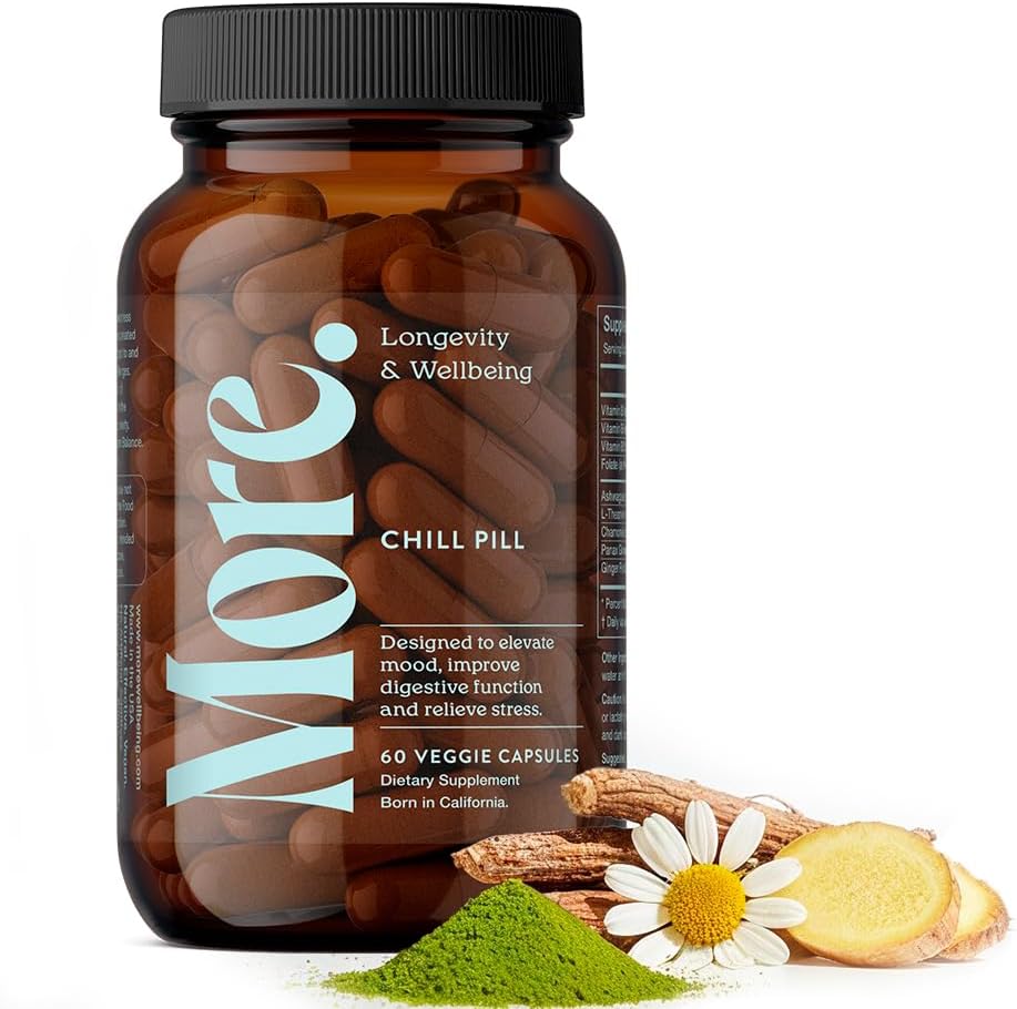 More. Longevity & Wellbeing Chill Pill – Mood Support Supplement with Adaptogens, Ashwagandha, Antioxidants, Amino Acid & Plant Extracts for Stress Support & Digestion – Made in USA, 60 Capsules