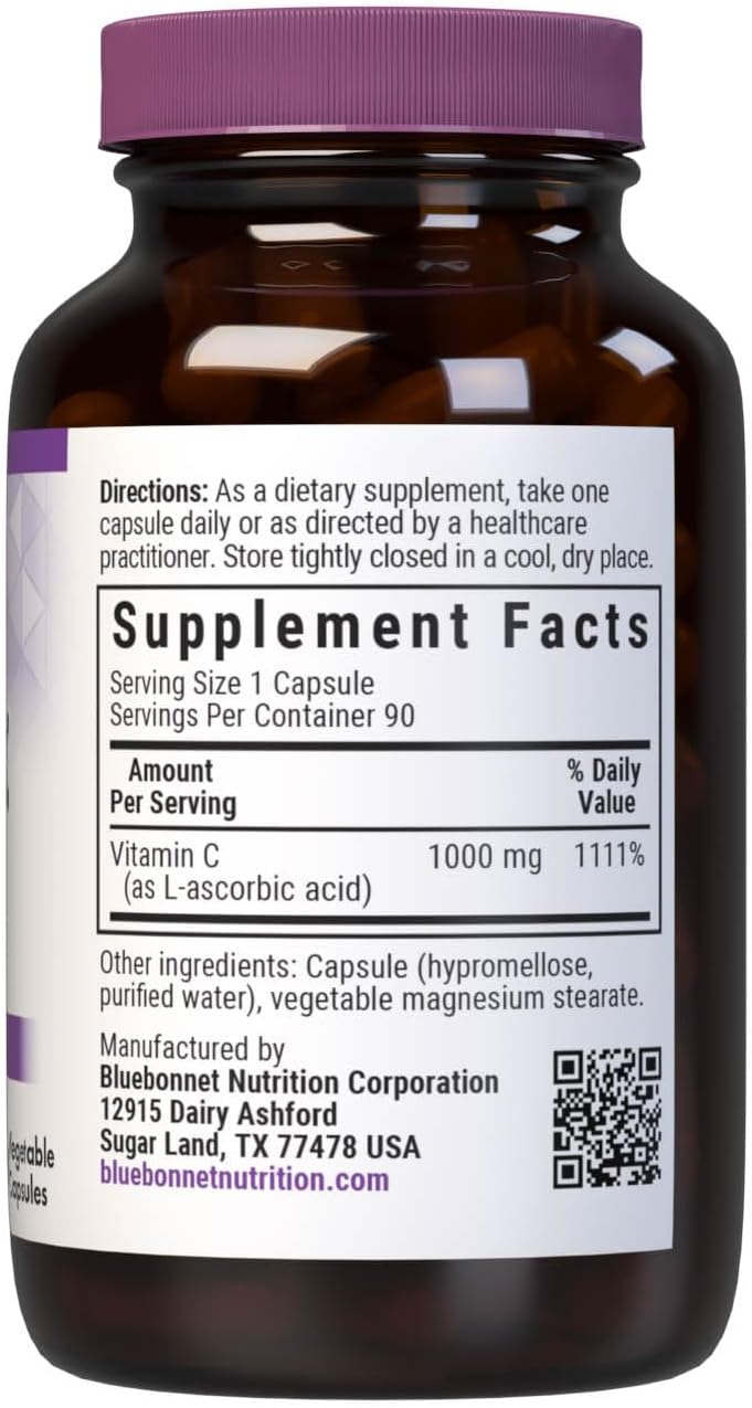 Bluebonnet Nutrition Vitamin C 1000 mg Vegetable Capsules, Ascorbic Acid, For Immune Health & Skin Health, Vegan, Vegetarian, Non GMO, Gluten Free, Soy Free, Milk Free, Kosher, 90 Vegetable Capsules