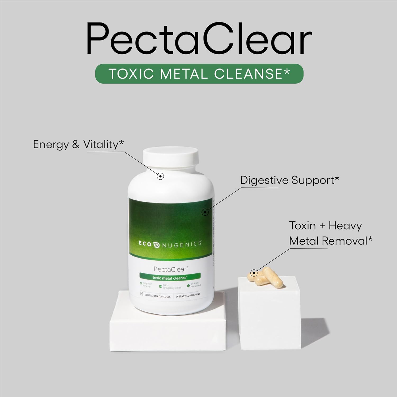 EcoNugenics PectaClear Detox Supplement for Toxic Metal Cleanse – Naturally & Safely Eliminates Toxins for Gut, Liver & Kidney Detox & Repair – Helps with Energy, Weight, Hormone Balance, 180 Capsules