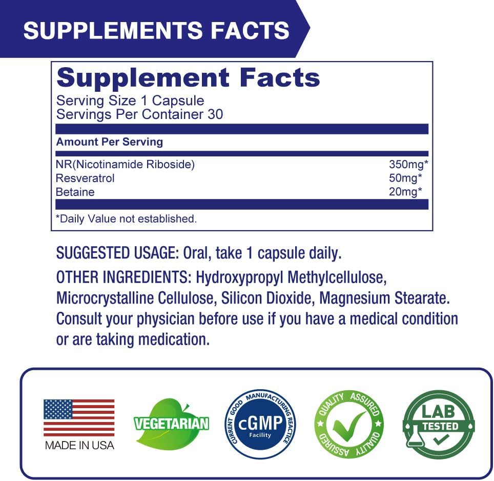 Lovita NR (Nicotinamide Riboside) 350 mg, NAD Supplement with Trans-Resveratrol and Betaine, Promote NAD Plus Levels, Healthy Aging, 30 Vegan Enteric-Coated Capsules (Pack of 3)
