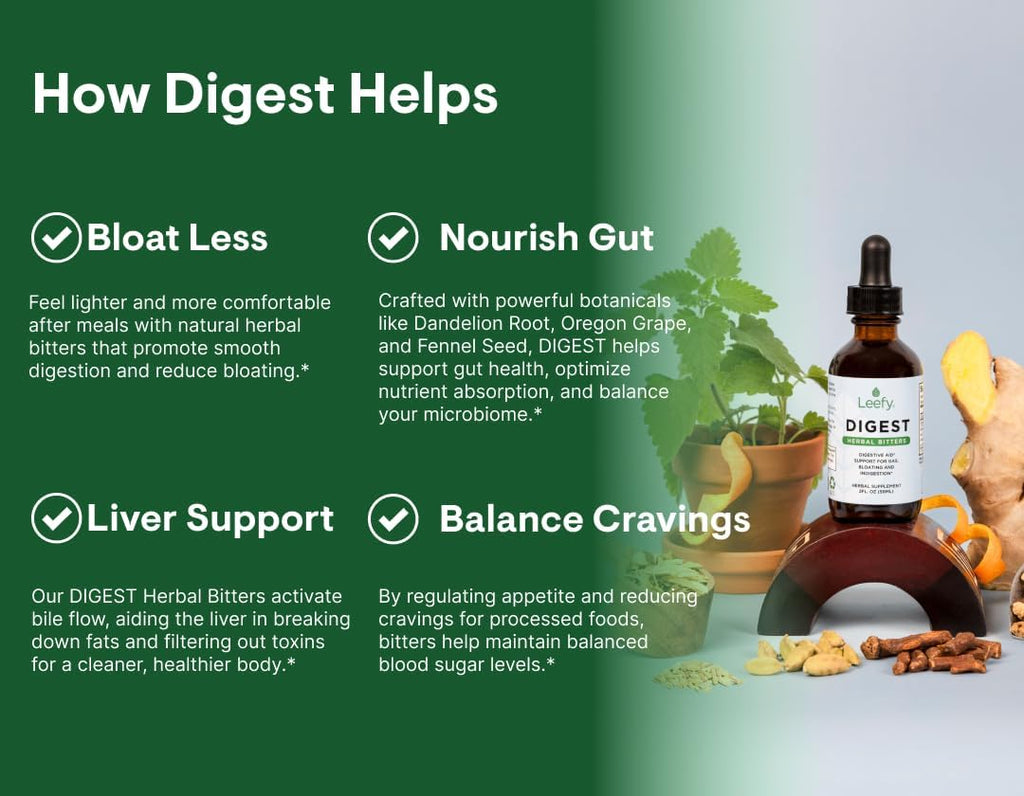 Leefy Organics Digest 2 oz - Herbal Bitters for Digestion and Stomach Relief - Powerful Digestive Aid with Ginger, Dandelion and Gentian - Easy Digestion for Men and Women