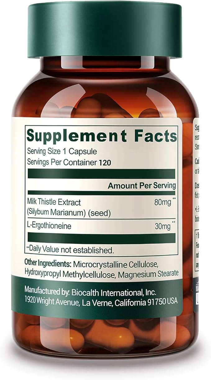 Clinically Studied L-Ergothioneine + Milk Thistle Supplement – Advanced Cellular and Liver Health Support – 30mg 99.99% Ultra-Pure Ergothioneine – Vegan, Non-GMO, 120 Count