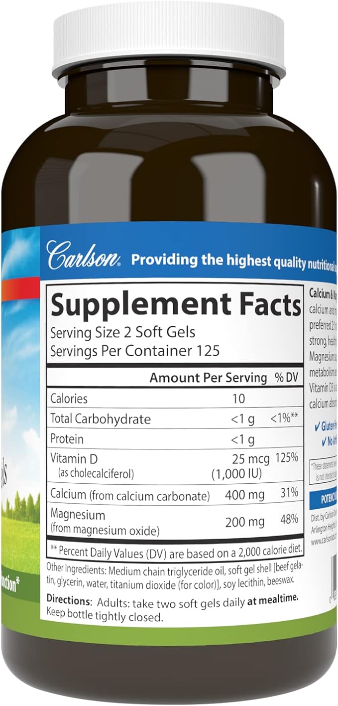 Carlson - Calcium & Magnesium Gels, 2:1 Calcium to Magnesium Ratio, 200 mg Calcium Supplement, 100 mg Magnesium Supplement, Bone Support, Energy Production, 250 Softgels