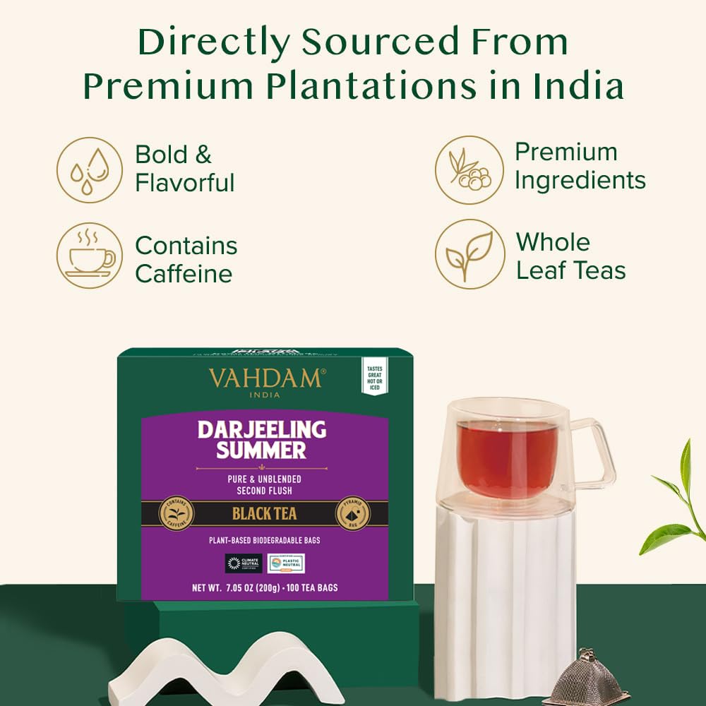 VAHDAM, Darjeeling Black Tea Bags (100 Count) High Caffeine, Non GMO, Gluten Free | Smooth & Sweet Tea With Distinguished Fruity Notes | Full Bodied