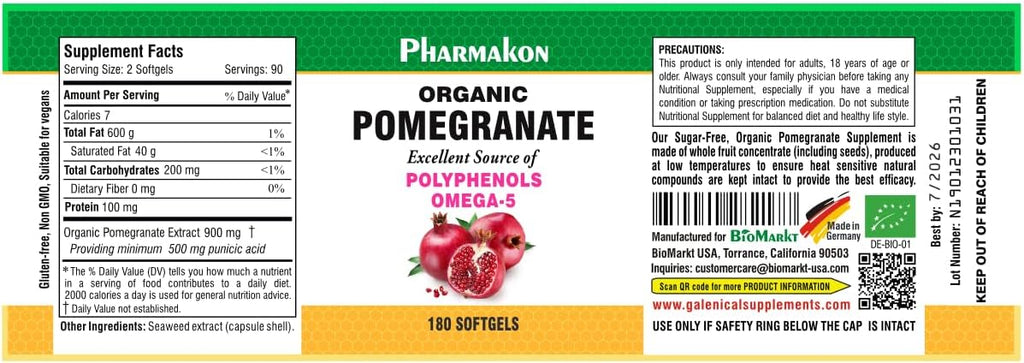 PHARMAKON Organic Pomegranate Extract, Highly Bioavailable Softgels, Full Spectrum Contains Polyphenols + Omega 5 (180 Count)
