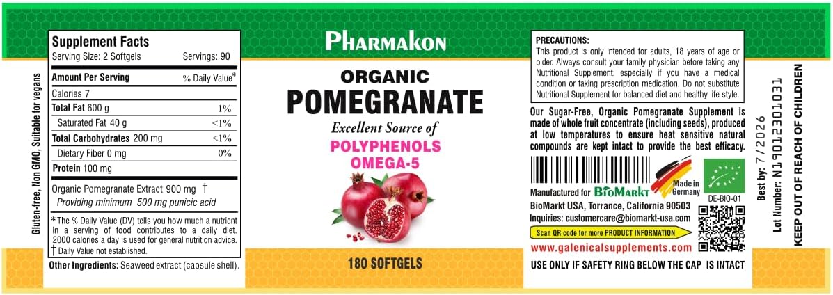 PHARMAKON Organic Pomegranate Extract, Highly Bioavailable Softgels, Full Spectrum Contains Polyphenols + Omega 5 (180 Count)