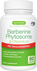 Igennus Dual Action Berberine Phytosome 550mg & Chromium Picolinate, 10x Absorption, Blood Glucose Control, Standardized Berberis Extract Supplement, Clean Label, Vegan, 60 Capsules