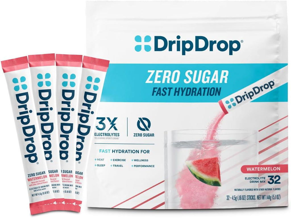 DripDrop Sugar Free Hydration Packets - Zero Watermelon - Single Serve Electrolytes Powder Drink Mix - Non-GMO, Gluten Free, Vegan - 32 Sticks