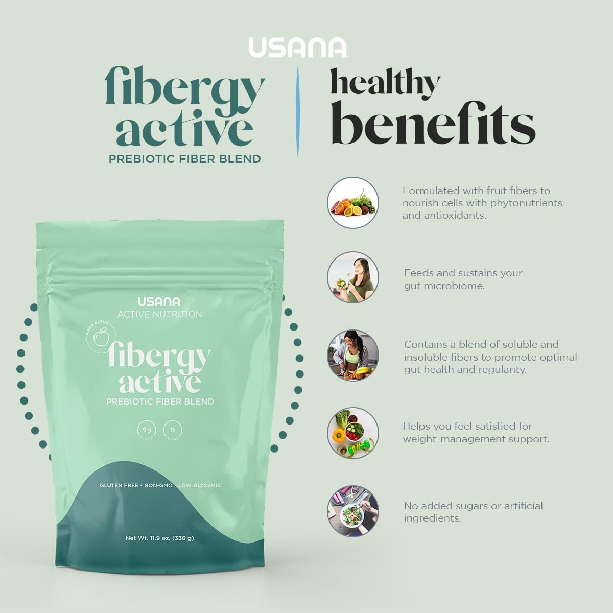 USANA Fibergy Active with Prebiotic Fiber for Gut Health – Non-GMO – Gluten Free – Low Glycemic – 336 Grams - 28 Servings