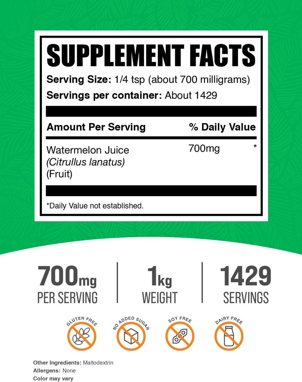 BulkSupplements.com Watermelon Juice Powder - from Watermelon Fruit, Fruit Powder, Hydation Supplement - 700mg per Serving, 1kg (2.2 lbs) (Pack of 1)