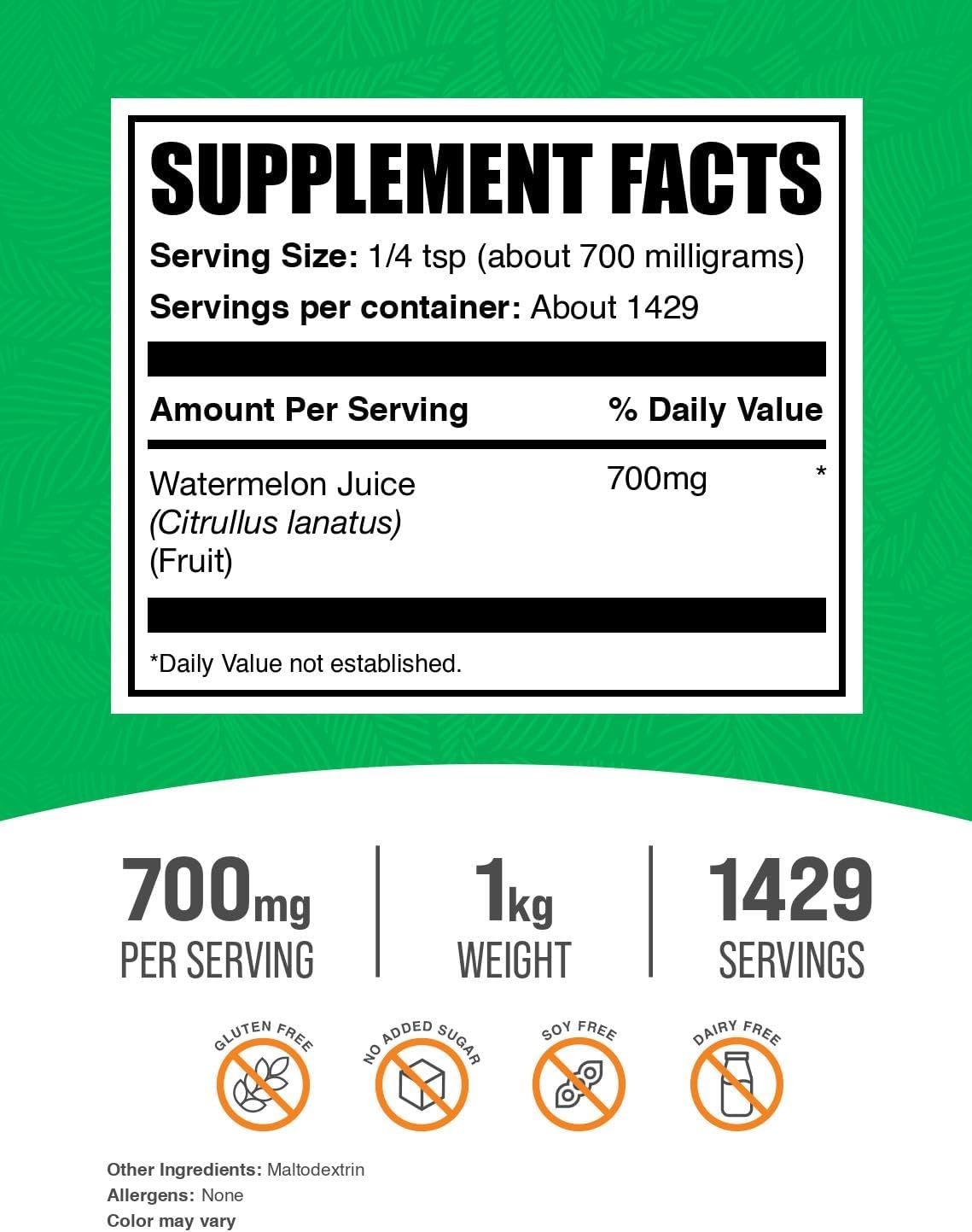 BulkSupplements.com Watermelon Juice Powder - from Watermelon Fruit, Fruit Powder, Hydation Supplement - 700mg per Serving, 1kg (2.2 lbs) (Pack of 1)