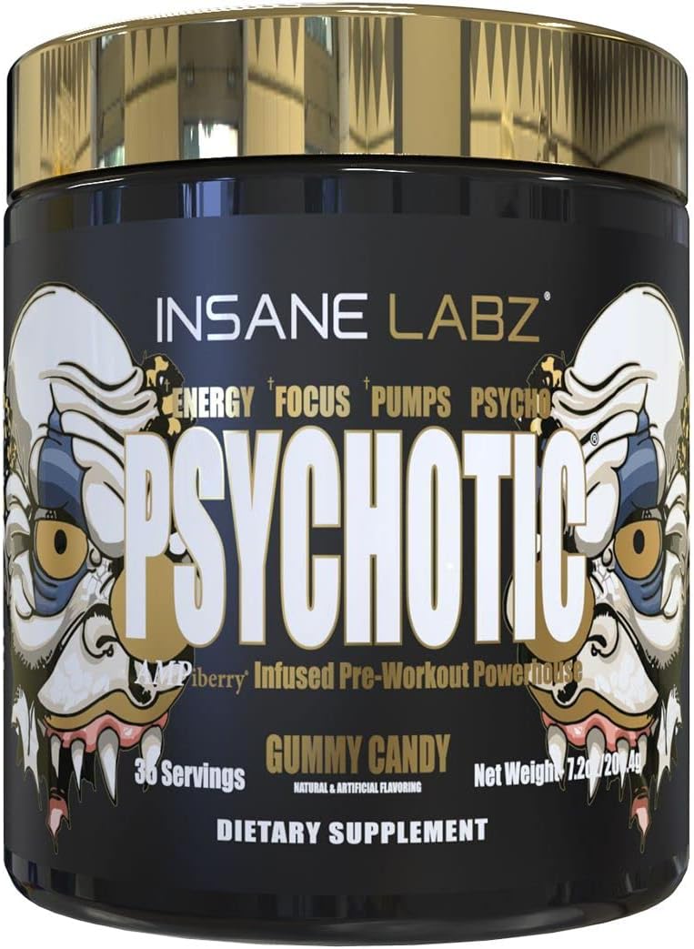 Insane Labz Psychotic Gold, High Stimulant Pre Workout Powder, Extreme Lasting Energy Focus, Pumps and Endurance with Beta Alanine, DMAE Bitartrate, NO Booster (35 Servings, Gummy Candy)