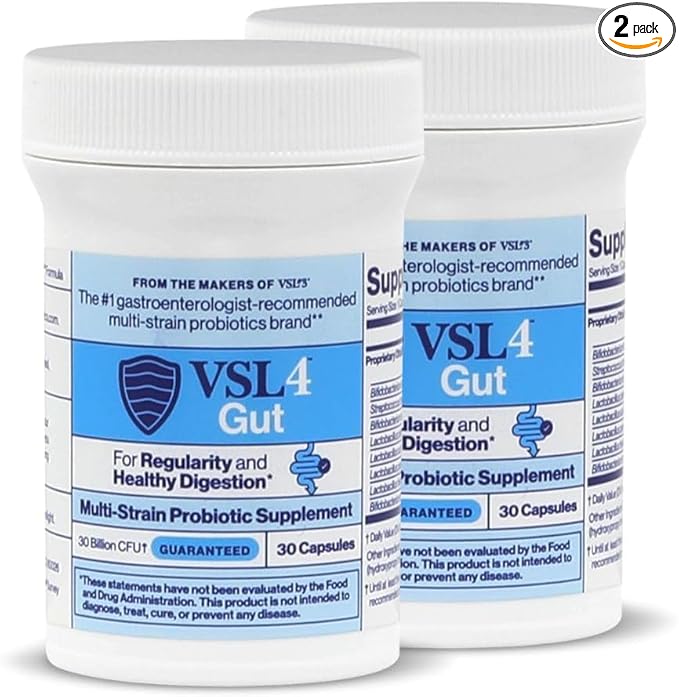 VSL4® Gut Daily Probiotics for Gut Health - 30B CFUs, Multi-Strain Digestive Support for Women & Men, Promotes Gut Balance & Regularity, Potent, Shelf-Stable Probiotic Supplement, 2 Pack (60 Capsules)