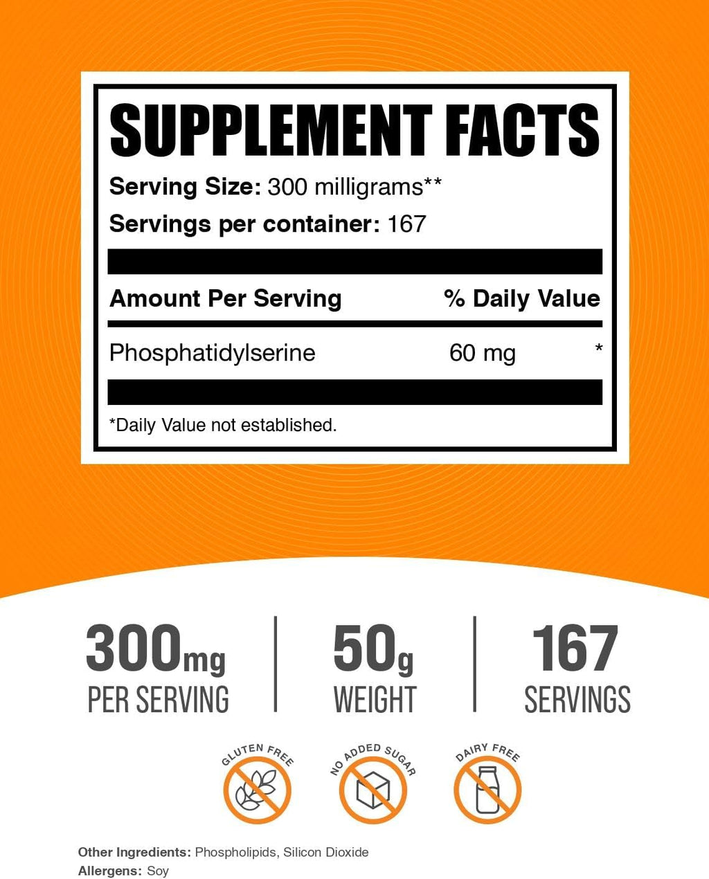 BulkSupplements.com Phosphatidylserine Powder - Phosphatidylserine Supplement, Sourced from Soy Beans - 300mg per Serving (60mg of Phosphatidylserine), 50g (1.8 oz) (Pack of 1)