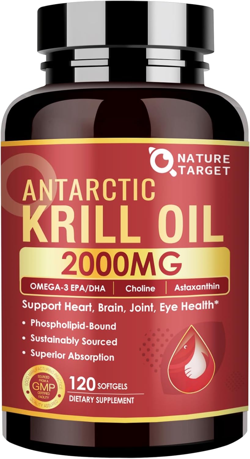 NATURE TARGET Krill Oil 2000 mg with Omega-3 EPA & DHA with Astaxanthin Supplement, Choline - Supports Heart, Brain, Join, Eye Health, Non-GMO, Gluten Free, 120 Softgels (60 Servings)