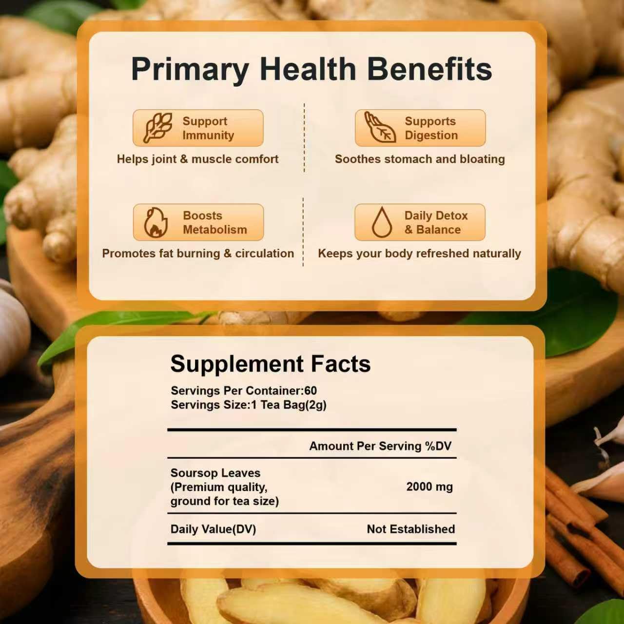 Ginger Turmeric Tea 2g x 60 Teabags | 100% Golden Blend for Wellness | Powerful Antioxidant & Natural Digestion Metabolism Support | Warming, Caffeine-Free Herbal Tea