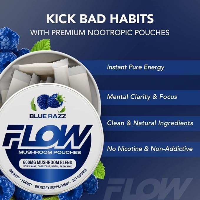 Mushroom Nootropic Pouches - 600mg Organic Mushroom Energy Ultra Pouches with Lion's Mane, Reishi, Cordyceps for Focus & Clean Energy - Zero Caffeine or Sugar (5 Can Pack, Blue Razz)
