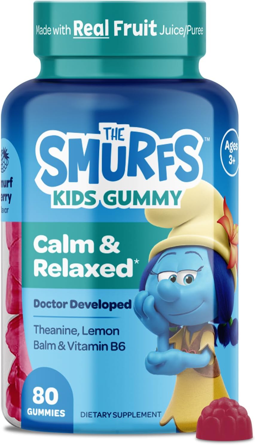 Smurfs Kids Calm Gummies | Calming Gummies for Kids with Lemon Balm & L Theanine | Made with Real Fruit | Doctor Developed | Gelatin Free Non-GMO No Artificial Flavors or Colors | 40 Servings