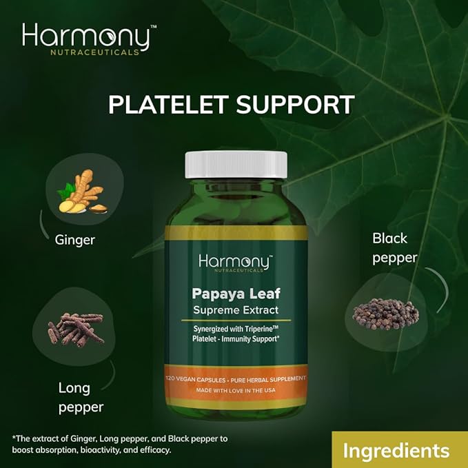 Harmony Nutraceuticals Papaya Leaf Supreme Extract Highest Potency Maximum Bioactivity Organic Dr. Gumman's Clinical Grade 120 Vegan Capsules Synergized with Triperine