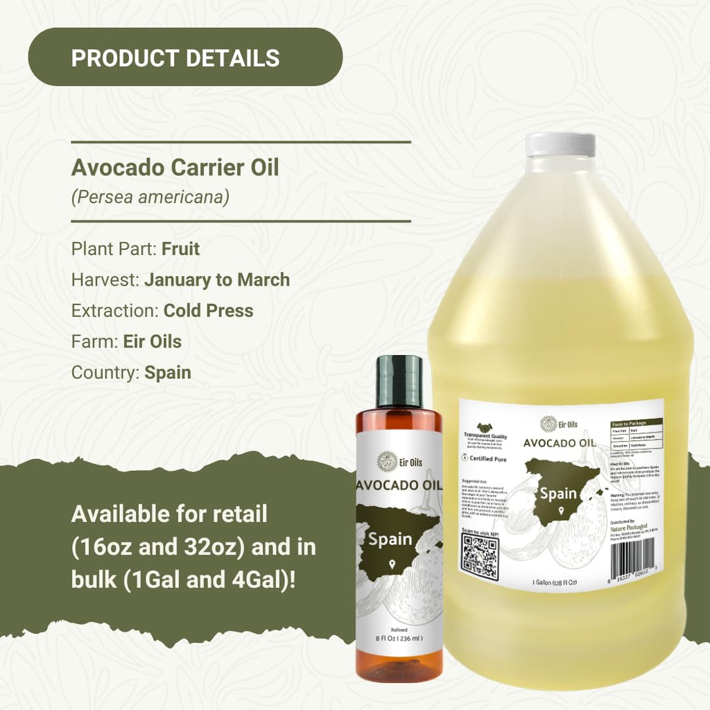 Avocado Oil - Direct from EIR Oils Farm in Spain - 100% Pure Carrier Oil for Hair, Face, and Skin - Hand-Picked, Cold-Pressed Carrier Oil - (16oz)