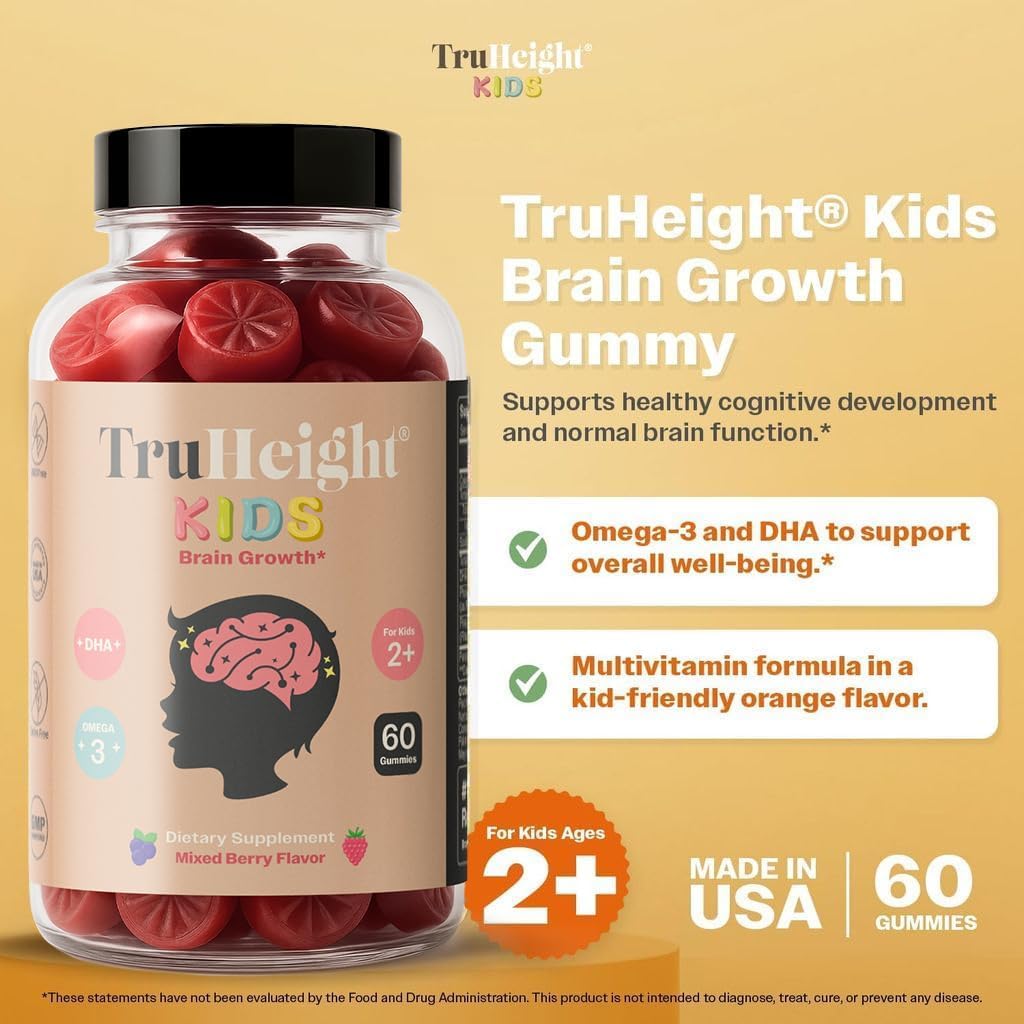TruHeight Kids Brain Growth Gummies (Mixed Berry, Ages 2+) All Natural Kids & Toddler Vitamins - Omega-3, DHA Multivitamin - Brain & Memory Supplements - Vegan Vitamin, Gluten Free Supplement