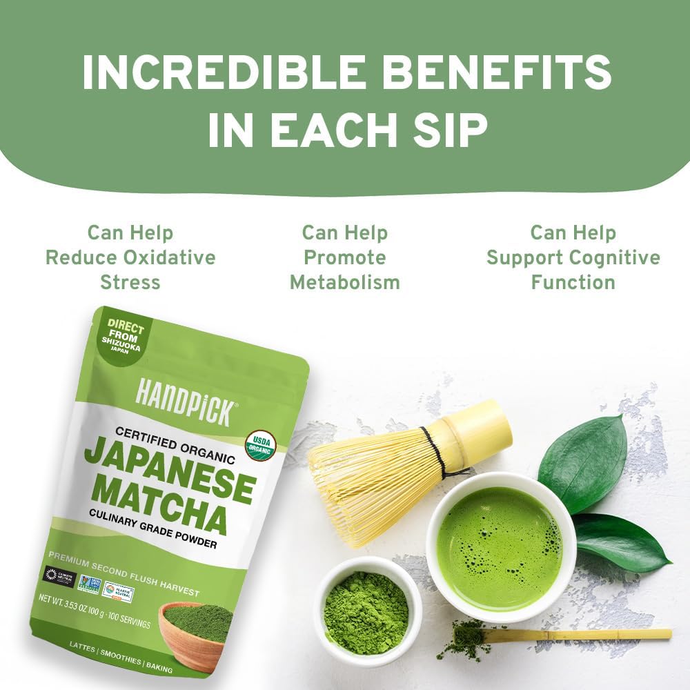 HANDPICK Japanese Organic Matcha Green Tea Powder (100 Servings) - Authentic Premium Second Flush Harvest | Resealable Ziplock Pouch