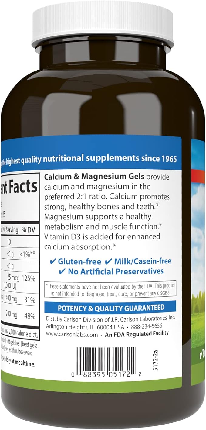 Carlson - Calcium & Magnesium Gels, 2:1 Calcium to Magnesium Ratio, 200 mg Calcium Supplement, 100 mg Magnesium Supplement, Bone Support, Energy Production, 250 Softgels