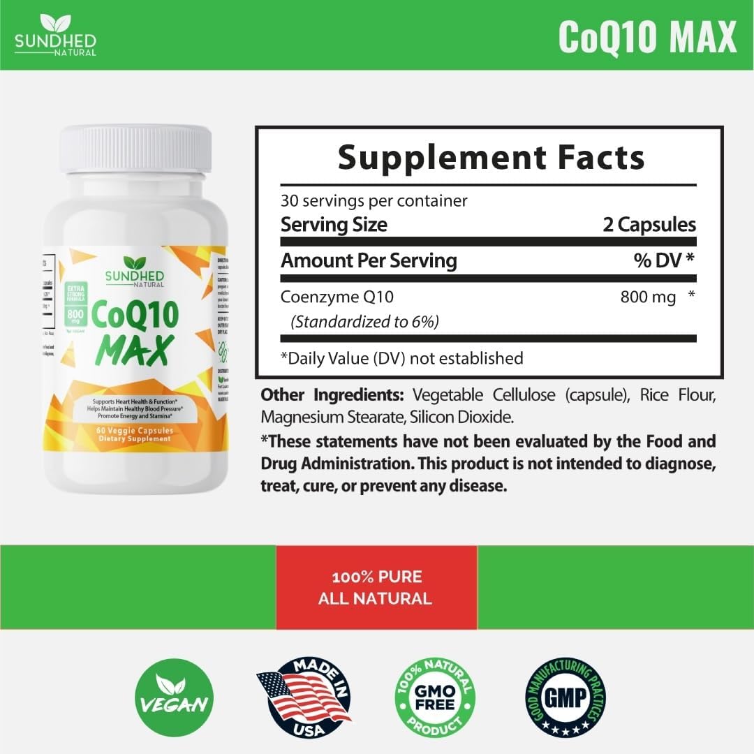 CoQ10 Powerful Antioxidant Supplement - Extra Strong Formula 800mg, 60 Capsules, 1-Month Supply with Coenzyme Q10 Vitamins and Supplements