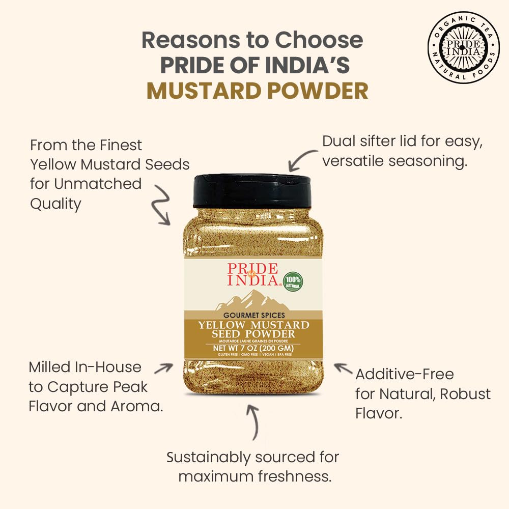 Pride Of India - PACK of 6 - Yellow Mustard Ground – Gourmet Spice - Ideal for Pickles/Mustard Dressing/Sauces/Hotdogs – Preservatives & Additives Free – Easy to Store – 8oz. Medium Dual Sifter