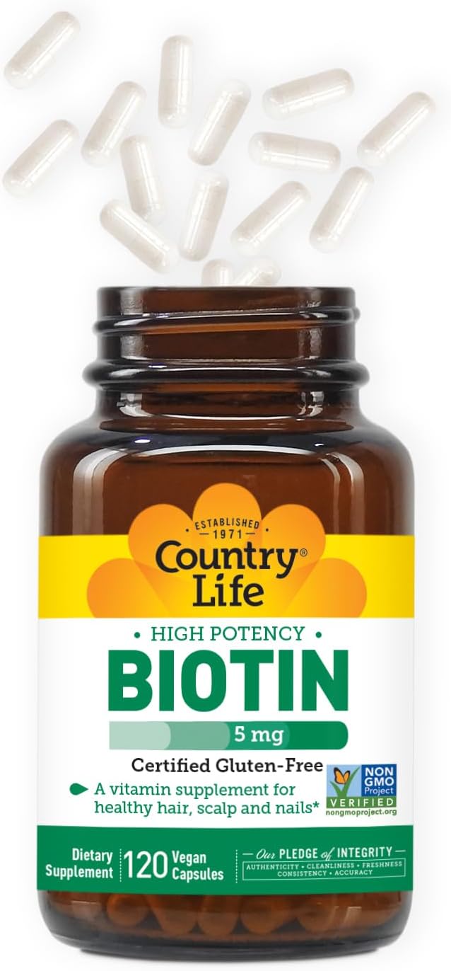 Country Life Biotin High Potency, 5mg, 120 Count, Certified Gluten Free, Certified Vegan, Verified Non GMO