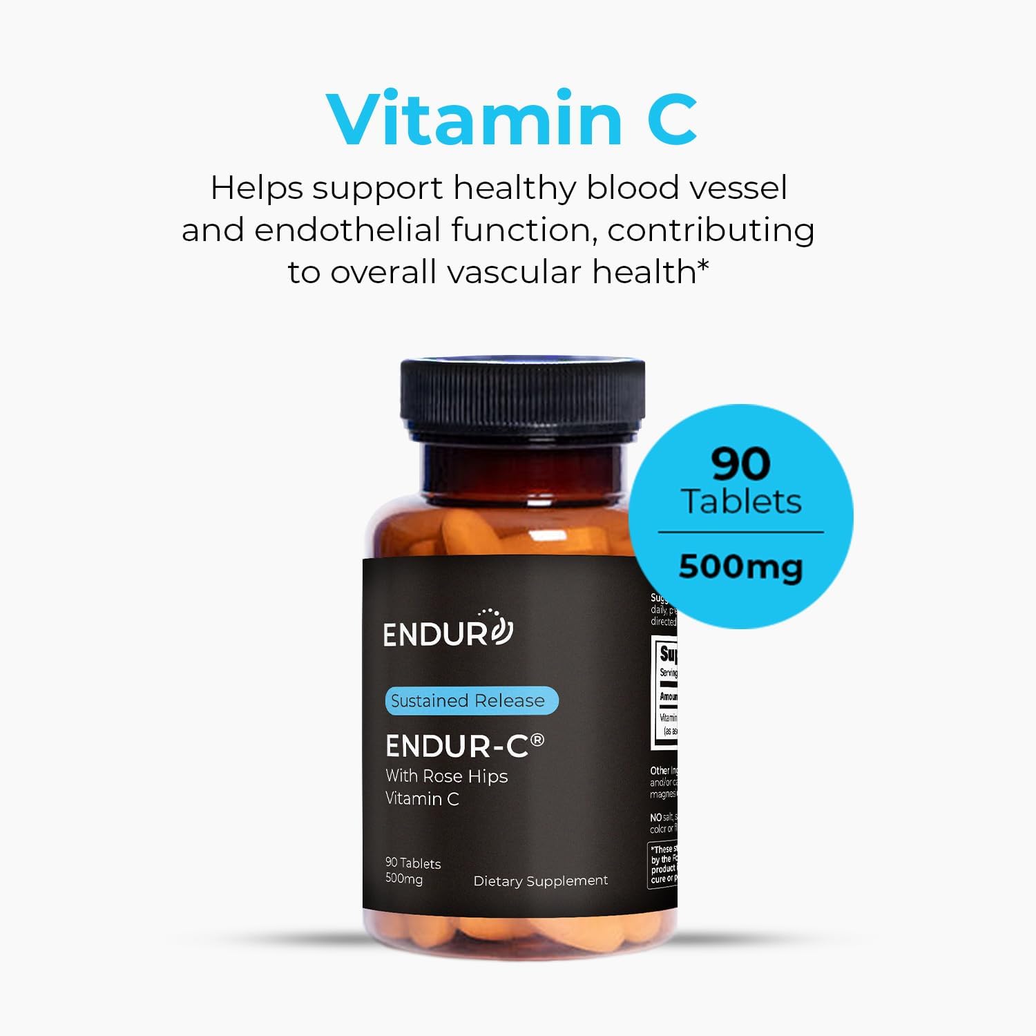 Endur ENDUR-C Vitamin C with Rose HIPS, Supports Collagen Production, Antioxidant Protection & Gentle Digestion, Gluten Free, 500mg (90 Tablets)