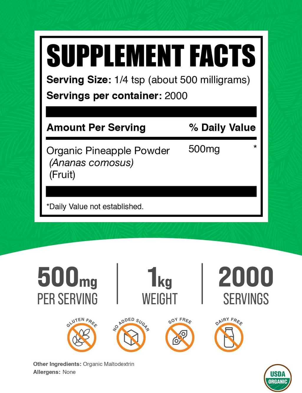 BulkSupplements.com Organic Pineapple Powder - Pineapple Fruit Powder, for Flavoring & Smoothies - Unsweetened & Gluten Free, 500mg per Serving, 1kg (2.2 lbs) (Pack of 1)