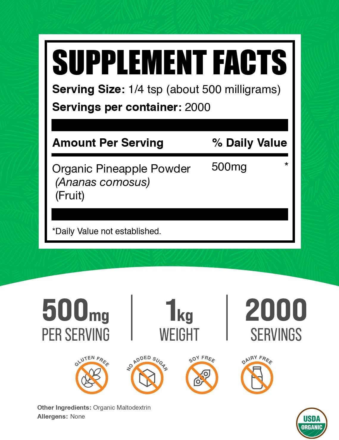BulkSupplements.com Organic Pineapple Powder - Pineapple Fruit Powder, for Flavoring & Smoothies - Unsweetened & Gluten Free, 500mg per Serving, 1kg (2.2 lbs) (Pack of 1)