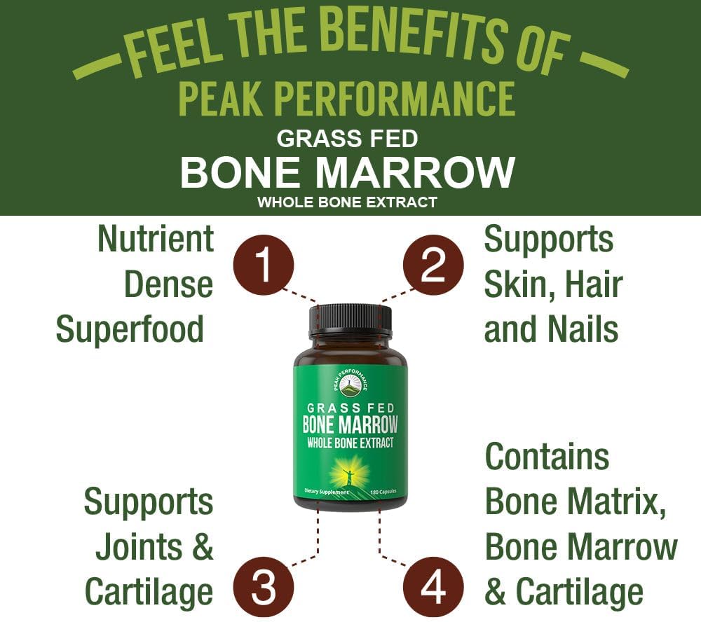 Peak Performance Grass Fed Bone Marrow - Whole Bone Extract Supplement 180 Capsules Superfood Pills Rich in Collagen, Vitamins, and Amino Acids. from Bone Matrix, Marrow, Cartilage. Ancestral Tablets