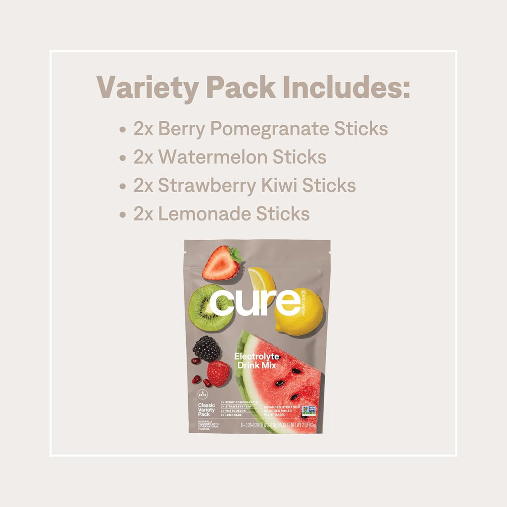 Cure Hydration | Plant-Based Electrolyte Drink Mix | No Added Sugar | FSA-HSA | Dehydration Relief Powder Made with Coconut Water | Non-GMO | Vegan | 8 Packets - Variety Pack