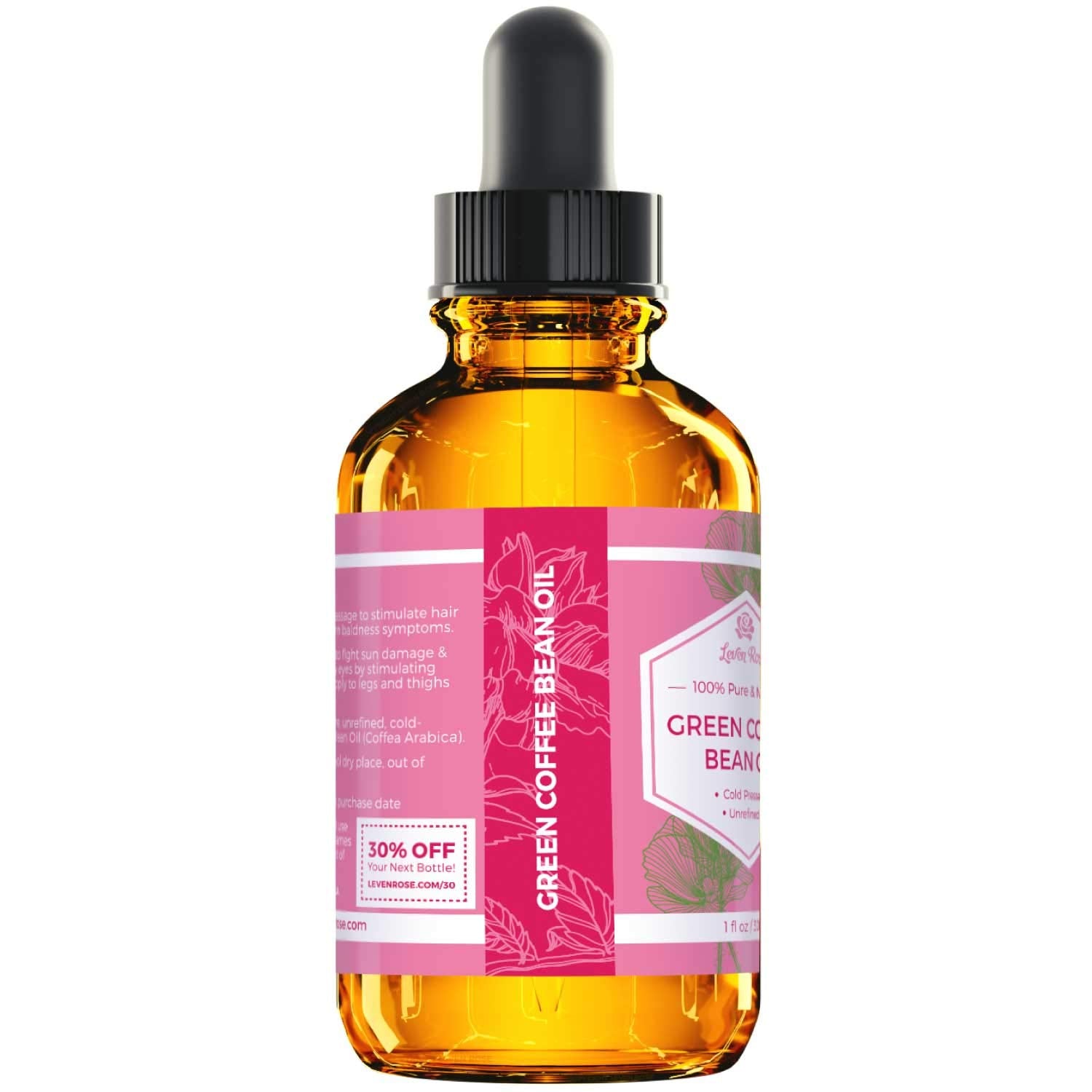 Leven Rose Green Coffee Bean Oil 100% Natural Pure Cold Pressed Unrefined Coffeebean Oil For Around Eyes, Face, Nails, Skin, And Hair- 1 oz Bottle (1 ounce)