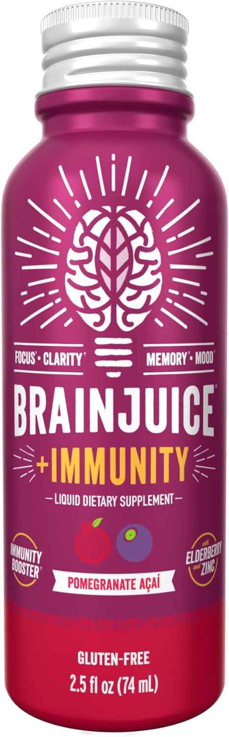 BrainJuice Brain and Immune Support Shot, Gluten Free Supplement Shots for Energy, Focus, Immunity with Vitamin D, C B, Alpha GPC & Organic Ginger Root, Pomegranate Acai, 2.5 fl oz, 12 Pack