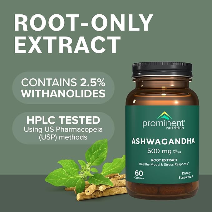 Prominent Nutrition Ashwagandha Supplement - Clinically Researched Shagandha Root Extract for Healthy Mood & Stress Support, Standardized to 2.5% Withanolides, 500 mg, 60 Vegan Capsules - 1 Pack