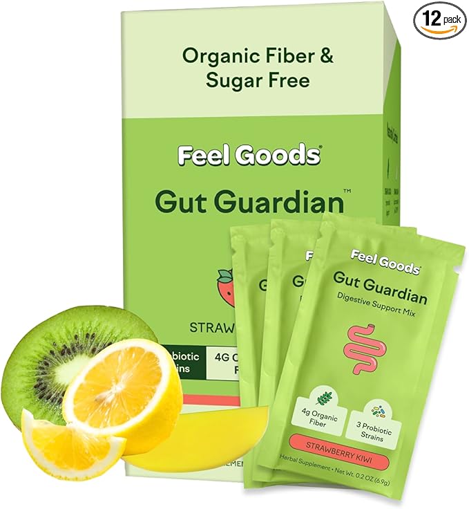 Feel Goods Gut Guardian, Digestive Health Powder Packets - Probiotic Fiber Powder with Prebiotics & L Glutamine for Gut Health, Bloating Relief & Digestion Support - Zero Sugar & Organic Flavor