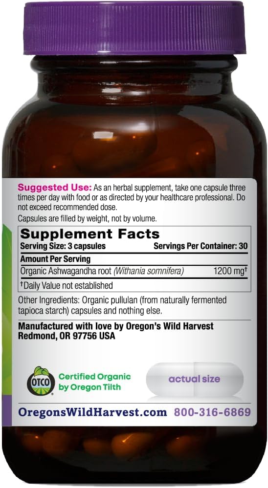 Oregon's Wild Harvest Certified Organic Ashwagandha Herbal Vegan Capsules, 1200 MGS, 90 Count