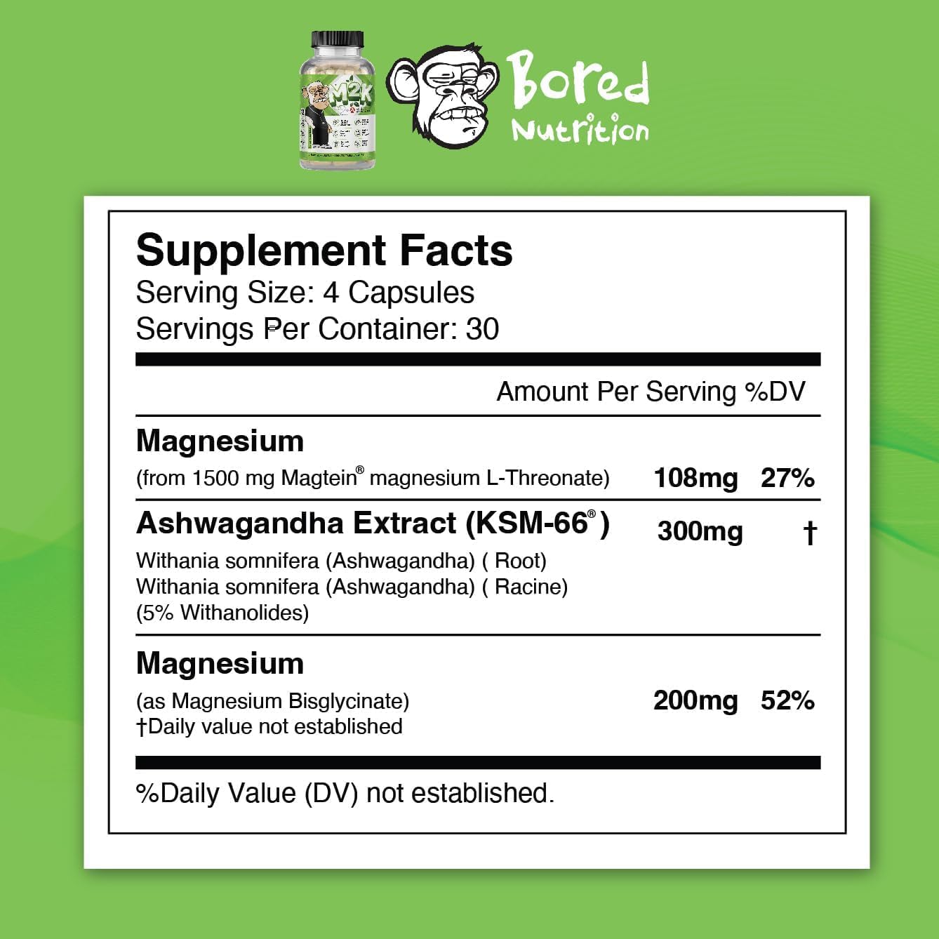Bored Nutrition M2K: Magtein Magnesium L-threonate & Ashwagandha Supplement - 1500mg Magtein, 300mg KSM-66, Plus 200mg Magnesium