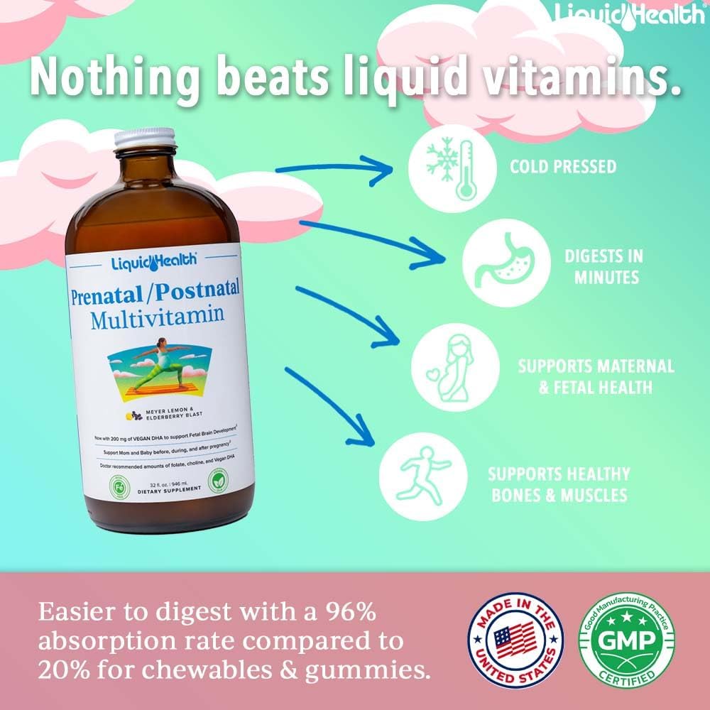 LIQUIDHEALTH Prenatal/Postnatal Multiple Liquid Women's Multivitamin with Real Folate - Pre & Postnatal Vitamins for Before, During, After Pregnancy - Made in USA, Vegan, Sugar-Free, Non-GMO (2 Pack)