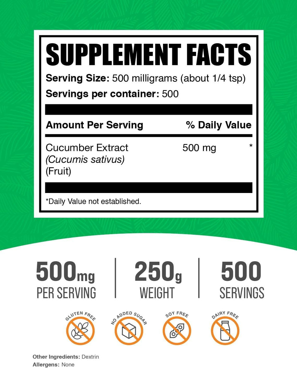 BulkSupplements.com Cucumber Extract Powder - Cucumber Supplement, for Hydration - Vegan & Gluten Free, 500mg per Serving, 250g (8.8 oz) (Pack of 1)