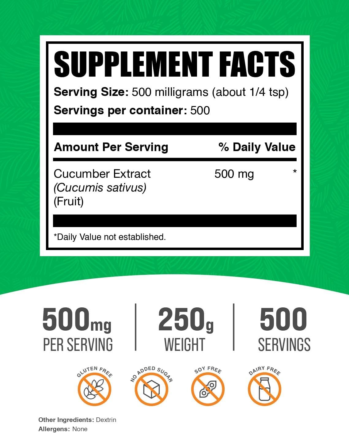 BulkSupplements.com Cucumber Extract Powder - Cucumber Supplement, for Hydration - Vegan & Gluten Free, 500mg per Serving, 250g (8.8 oz) (Pack of 1)