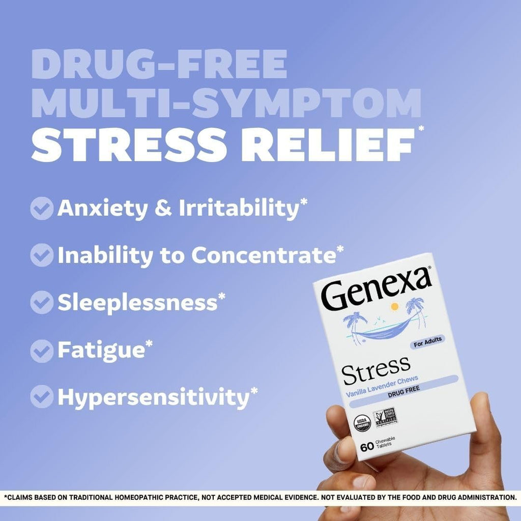Genexa Sleep & Stress Bundle for Adults | Fatigue, Anxiety, & Irritability Relief | Melatonin-Free | Natural Vanilla & Lavender | Organic, Non-GMO, Homeopathic | 2 x 60 Tablets